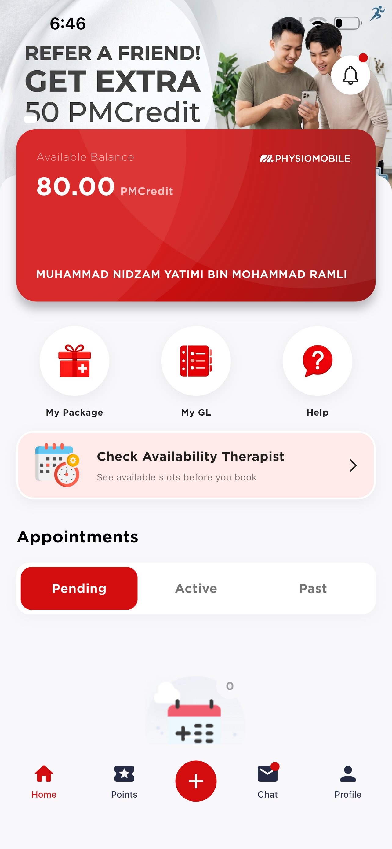 Home screen — PMCredit balance and appointments