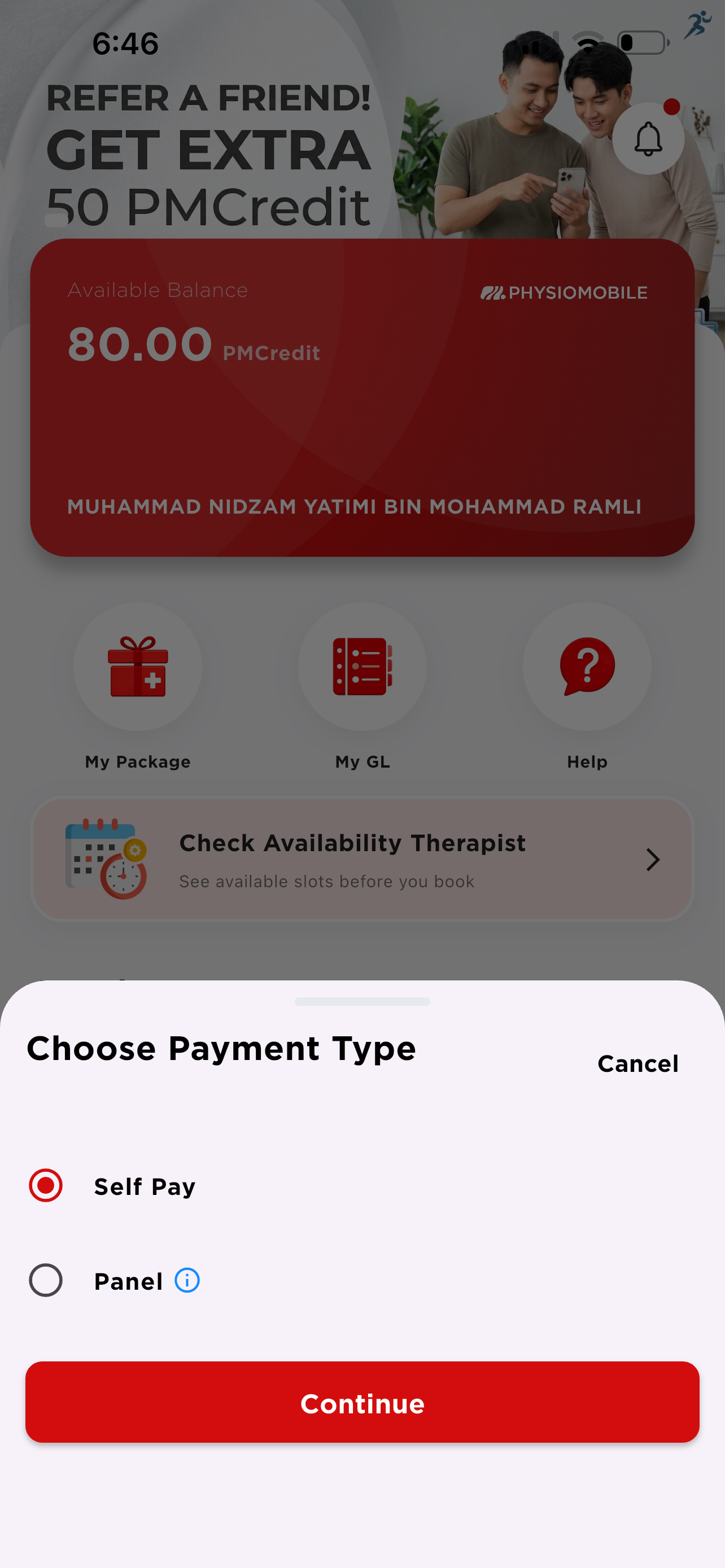 Choose payment type — Self Pay selected