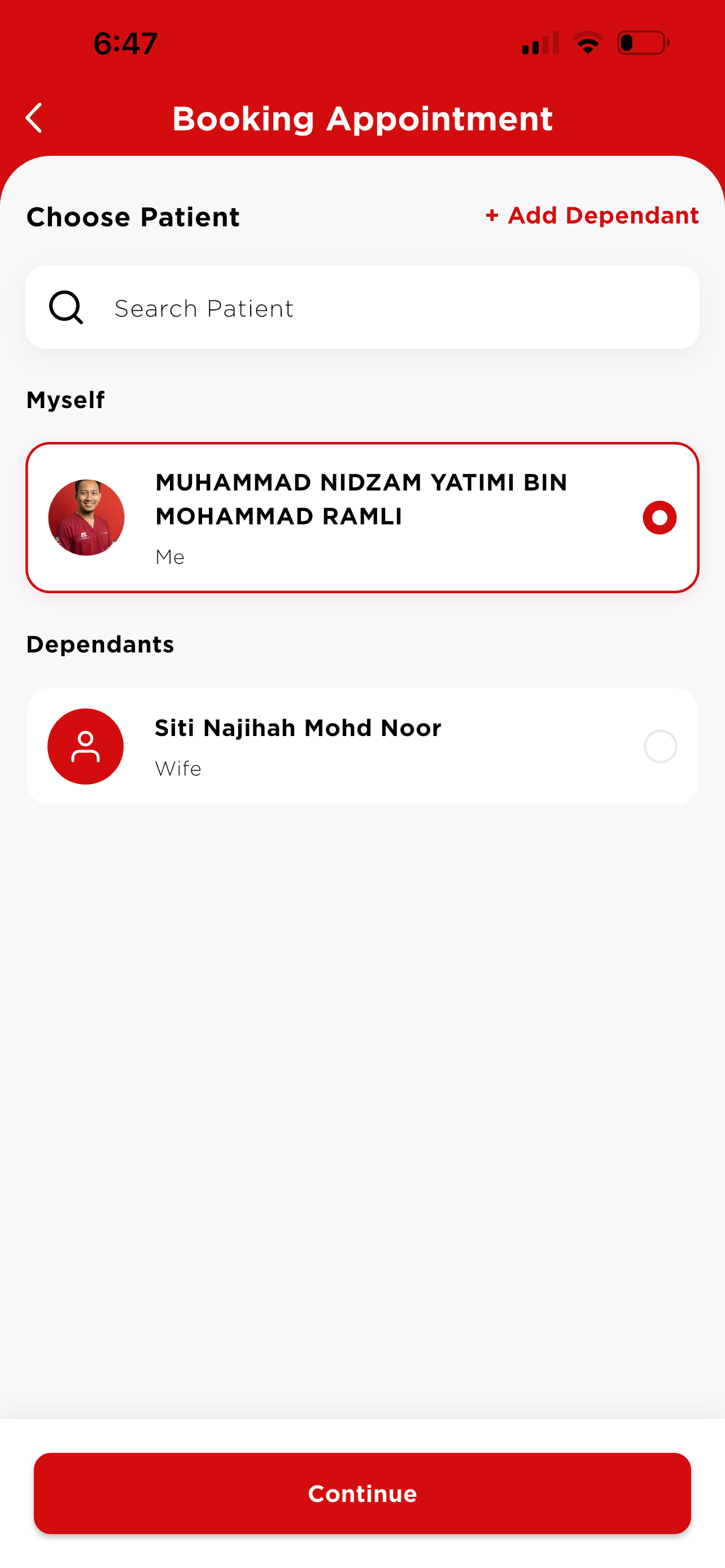 Choose Patient — myself selected with dependant listed