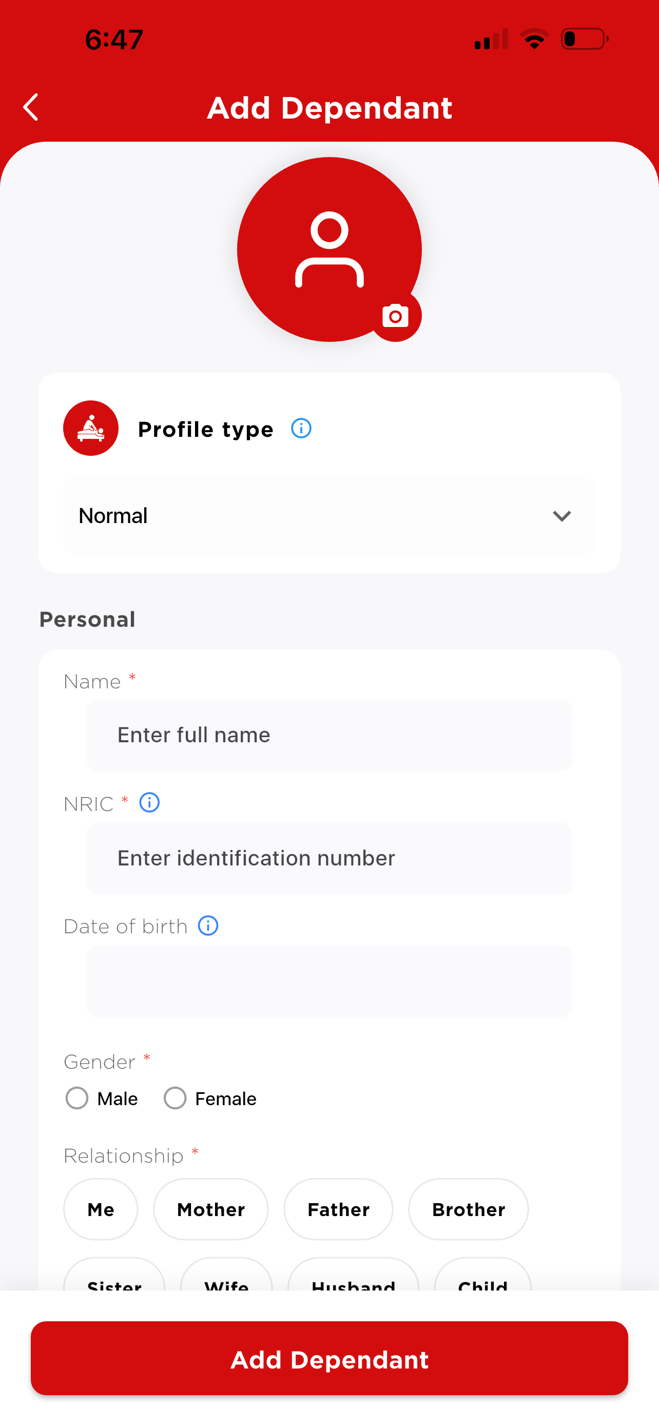 Add Dependant — personal info form