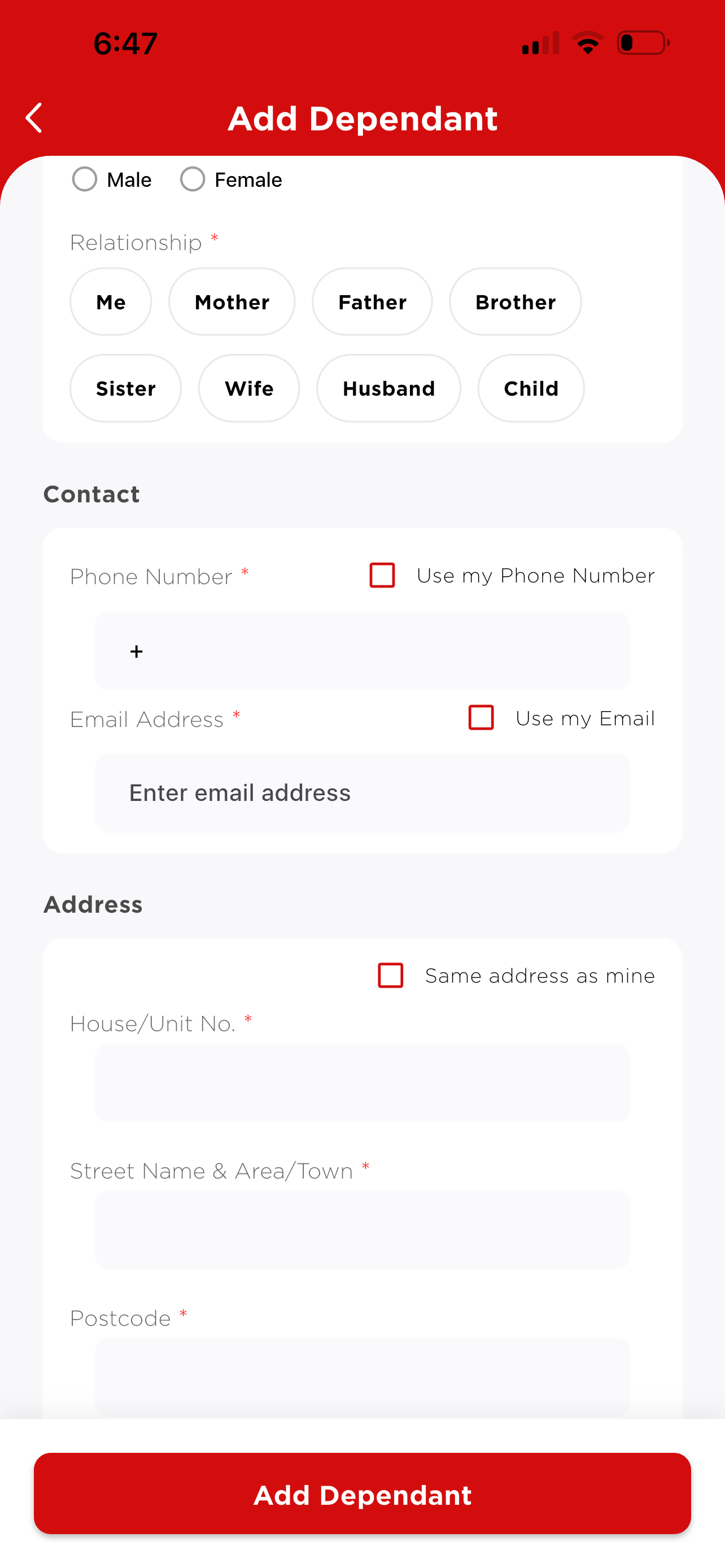 Add Dependant — contact and address