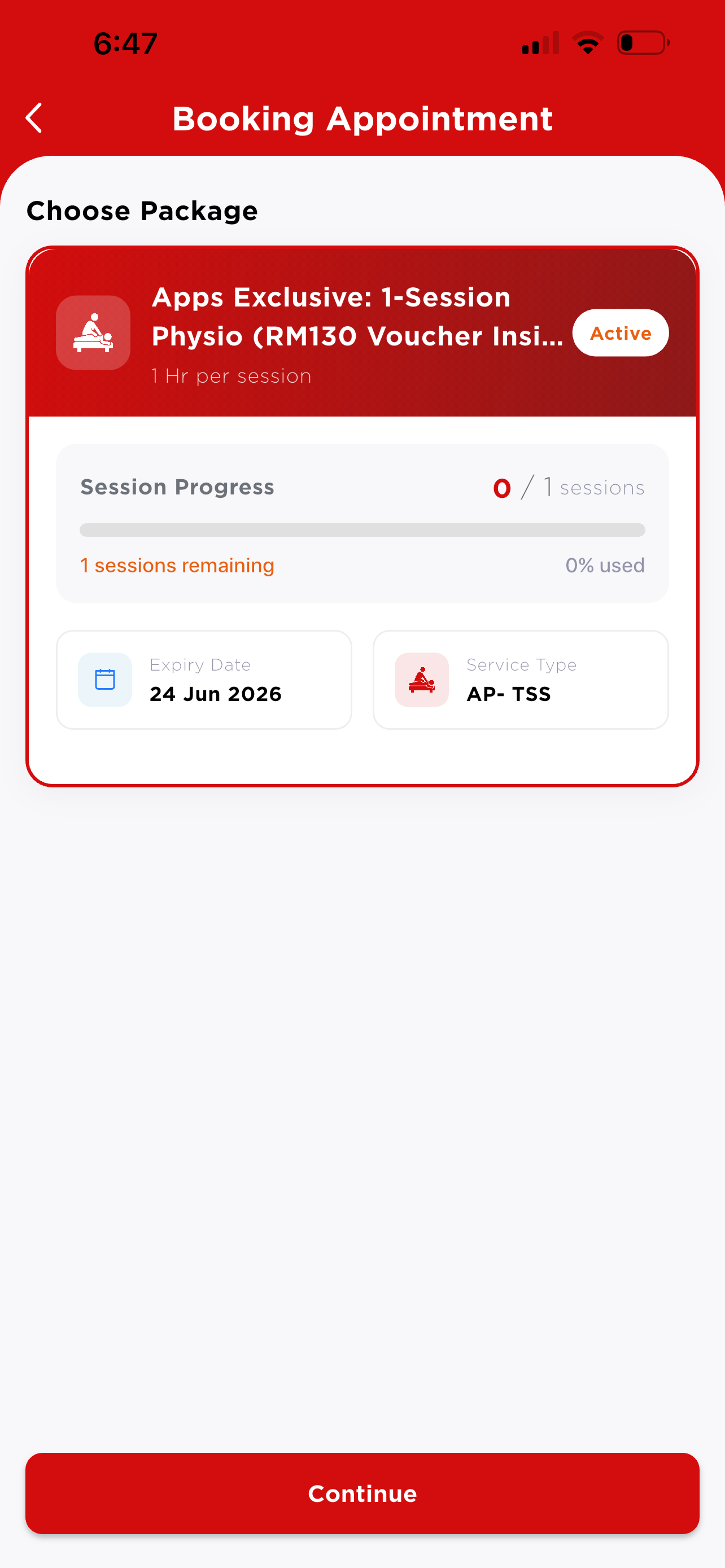 Choose Package — active package with session progress