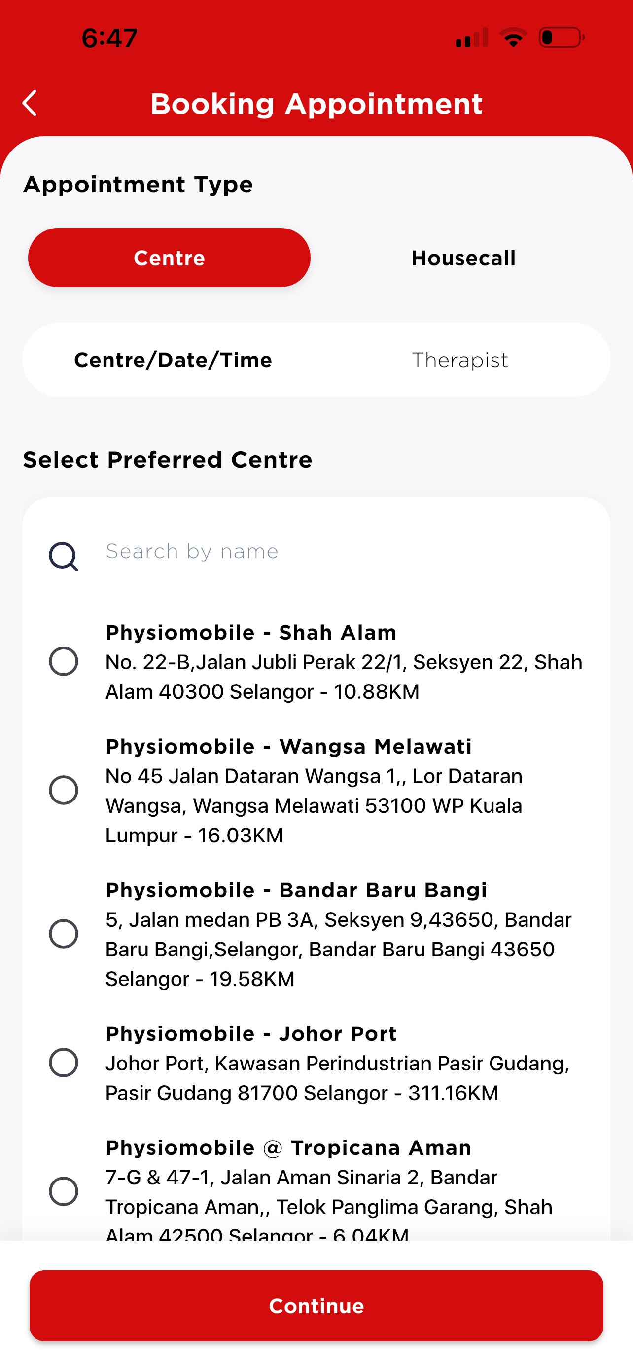 Appointment Type — Centre selected, list of centres