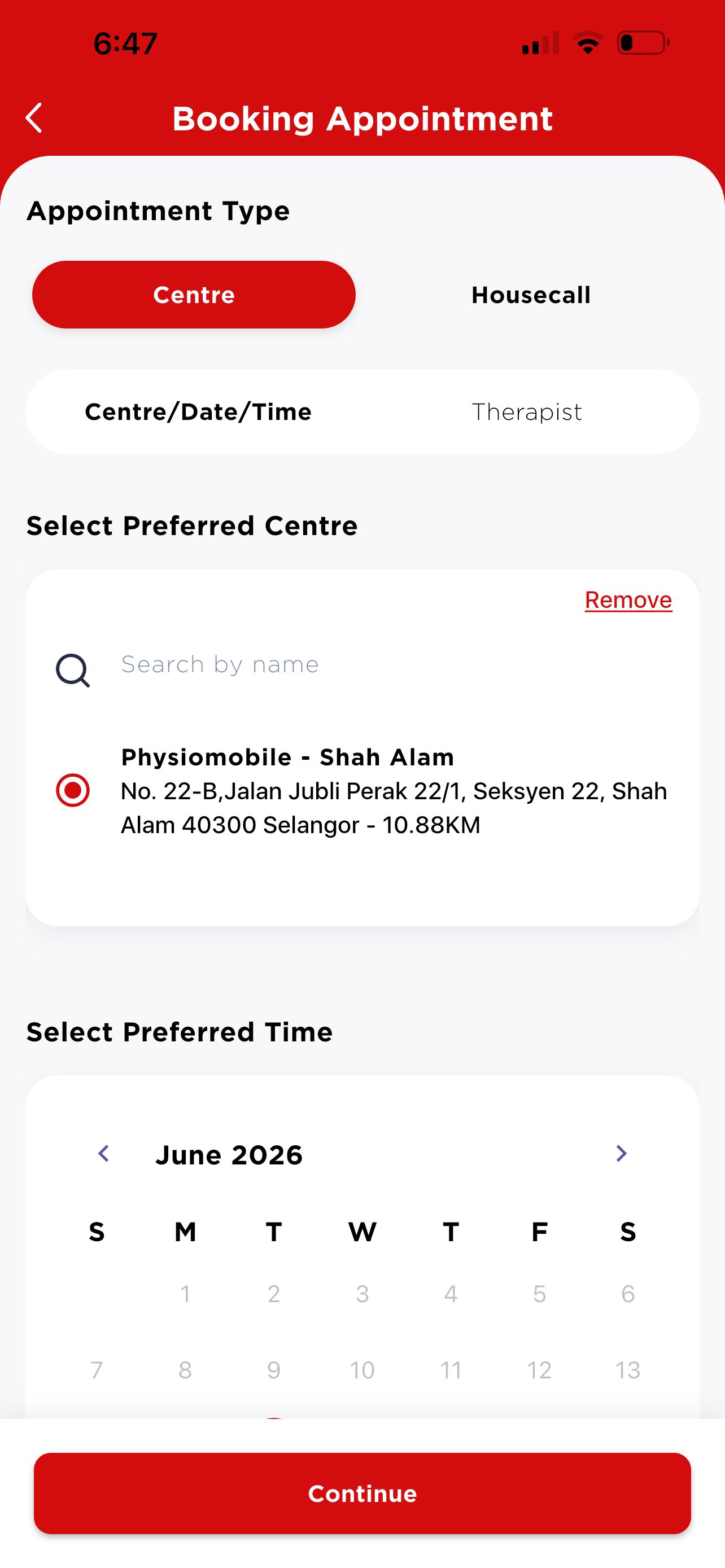 Centre selected — calendar for date/time