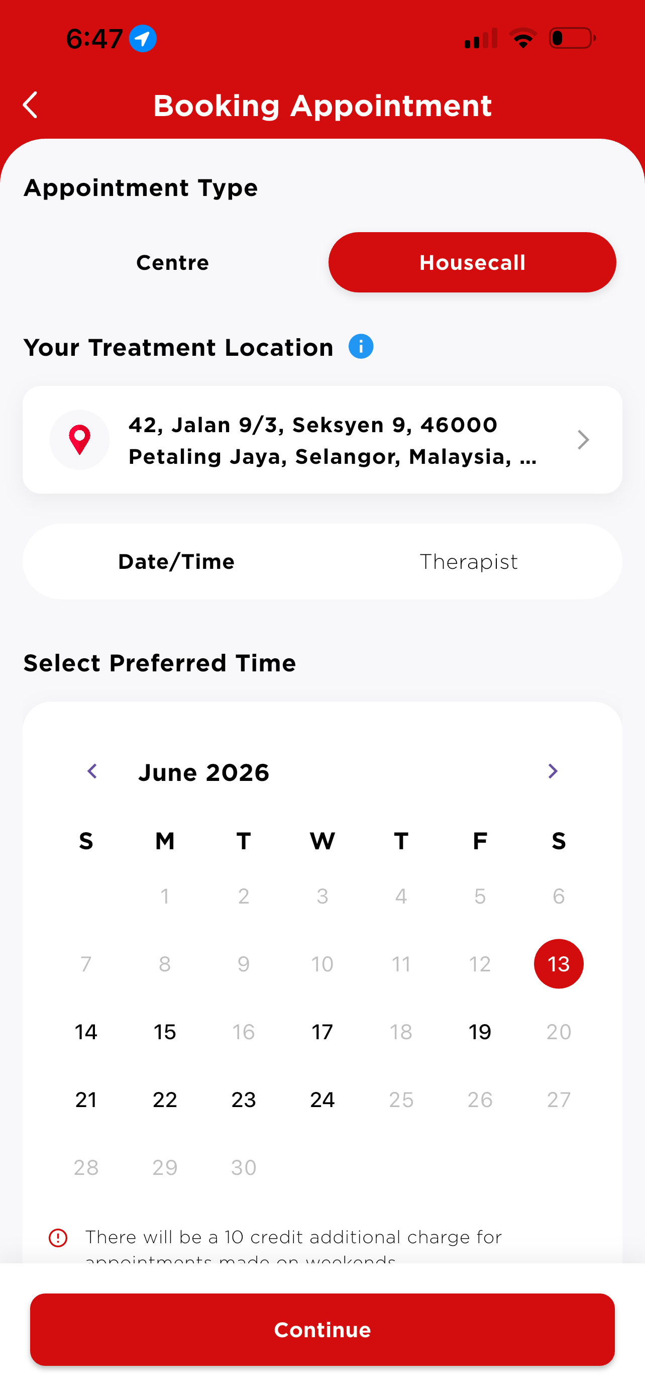 Housecall booking — treatment location and calendar