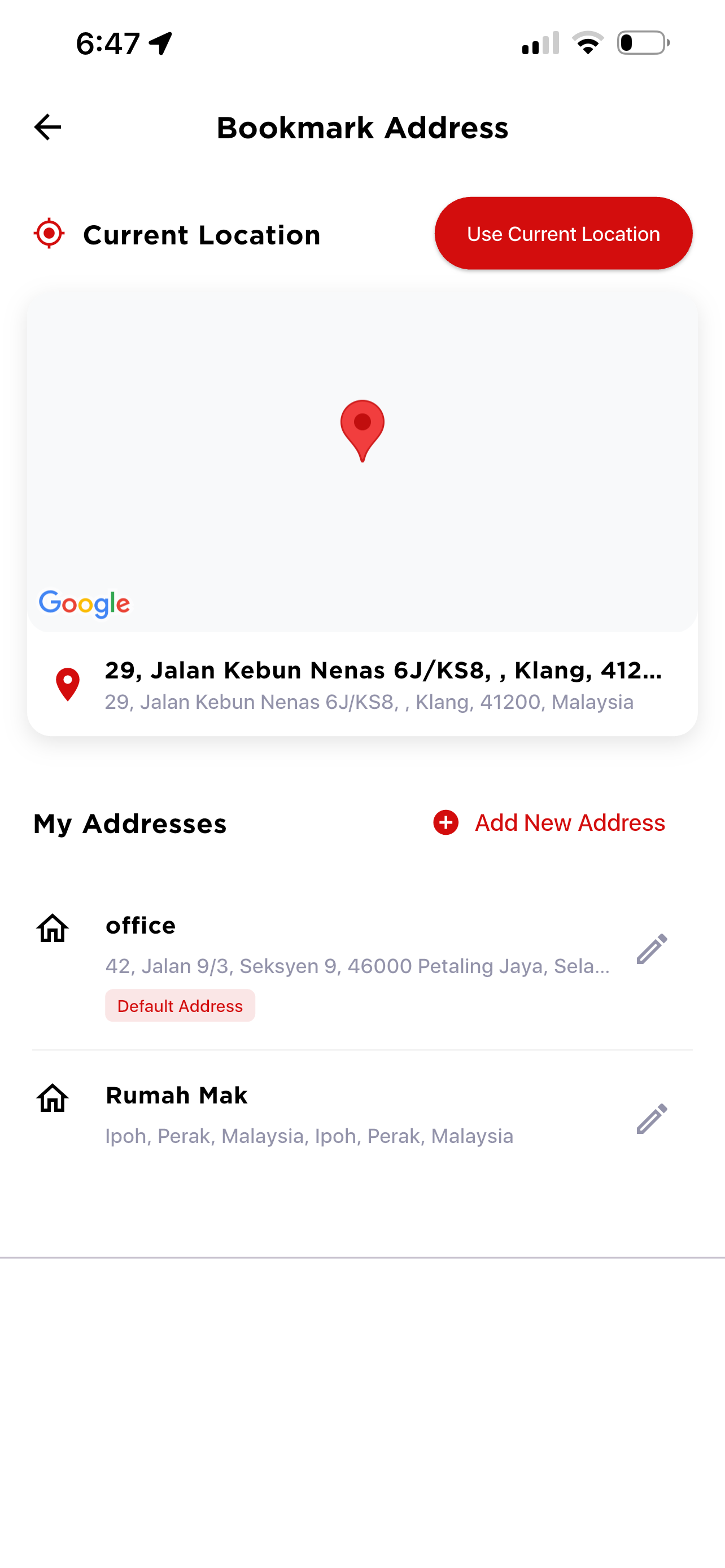 Bookmark Address — saved addresses list