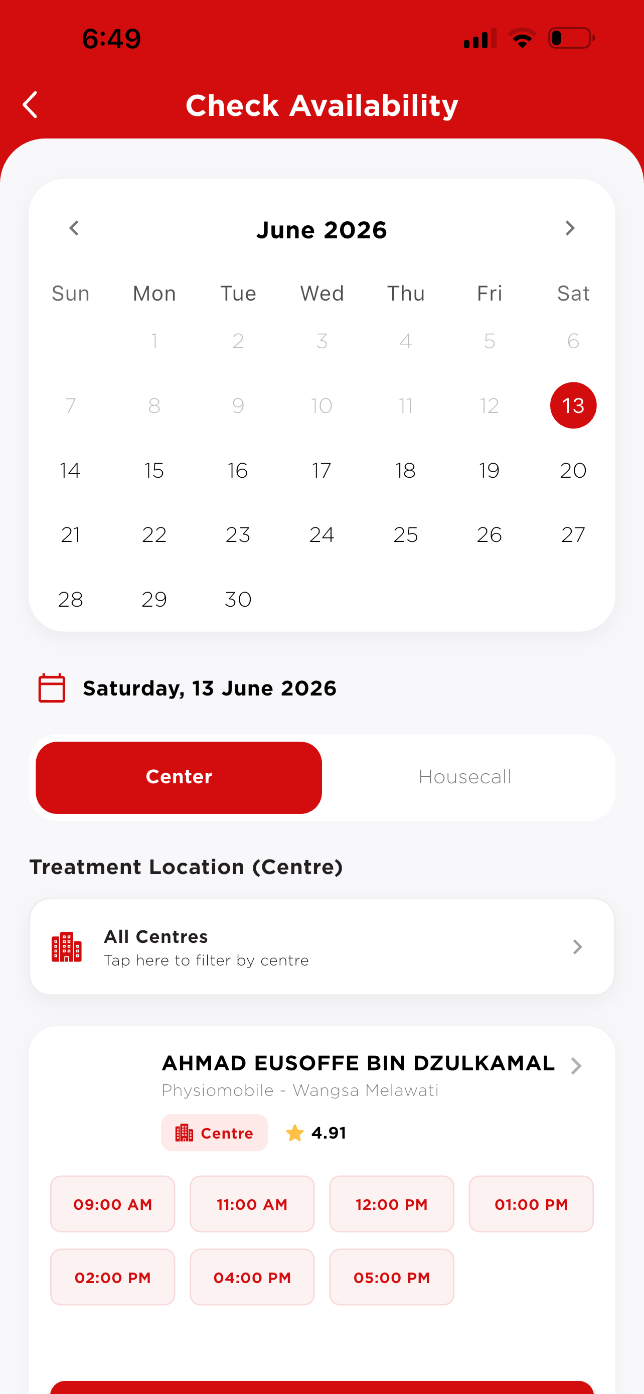 Check Availability — therapist list with time slots