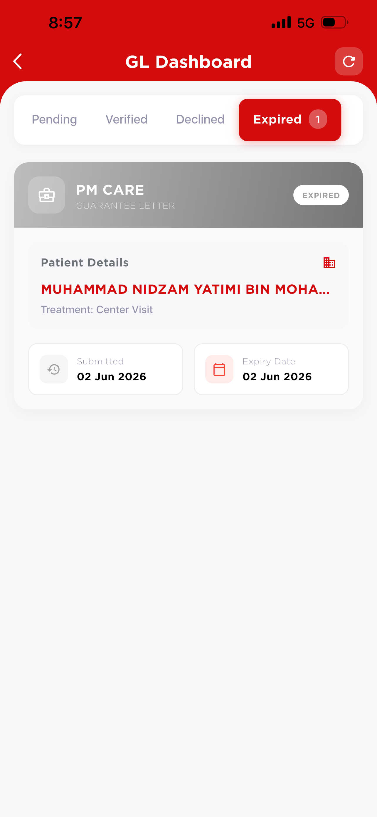 GL Dashboard — expired GL card