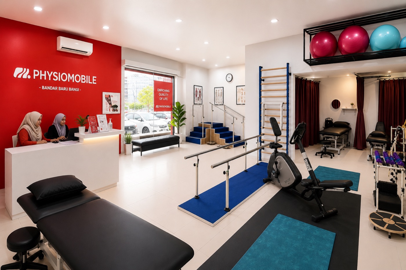 Physiomobile physiotherapy centre with treatment beds, rehab equipment, and reception area