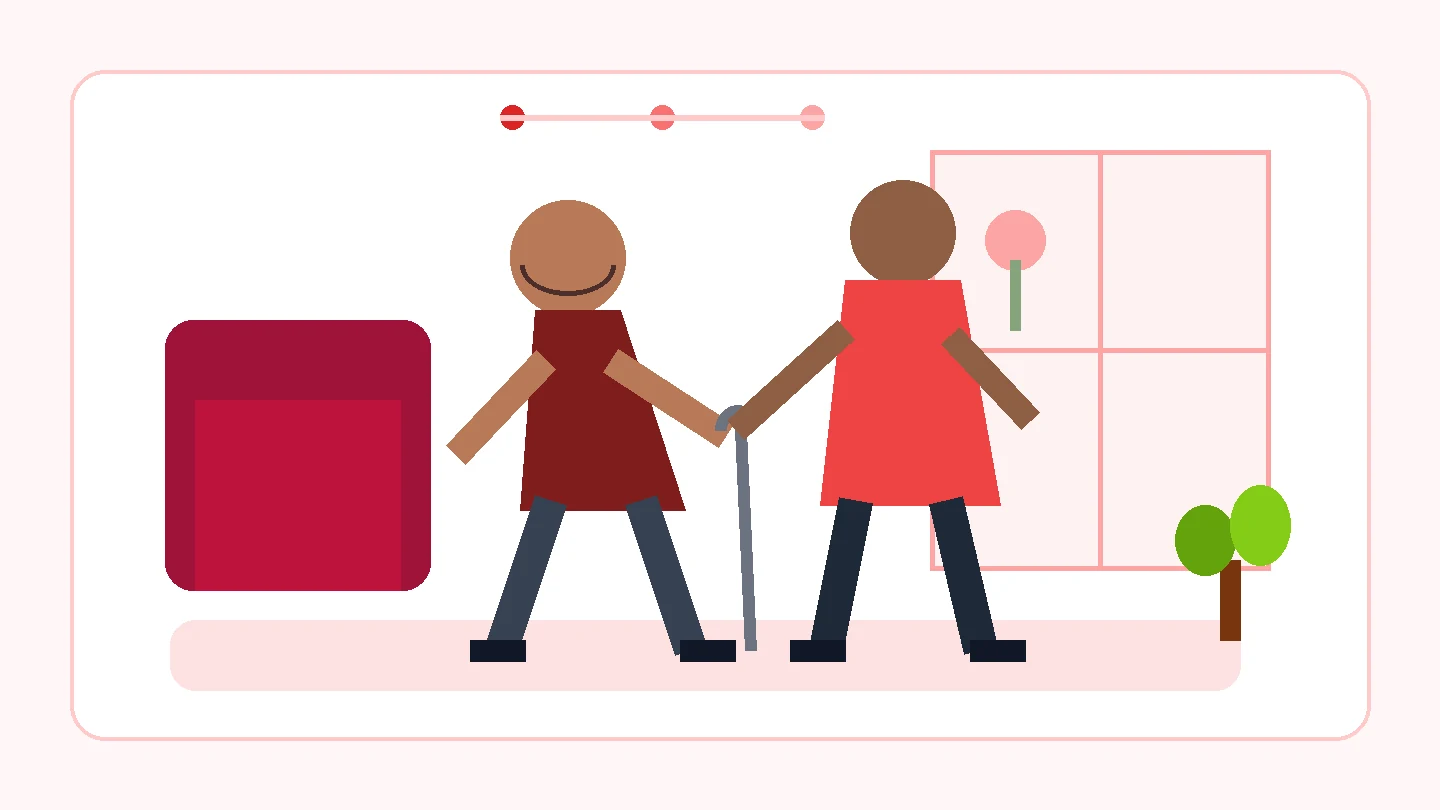 Editorial illustration of an older adult and physiotherapist practising mobility with dignity at home