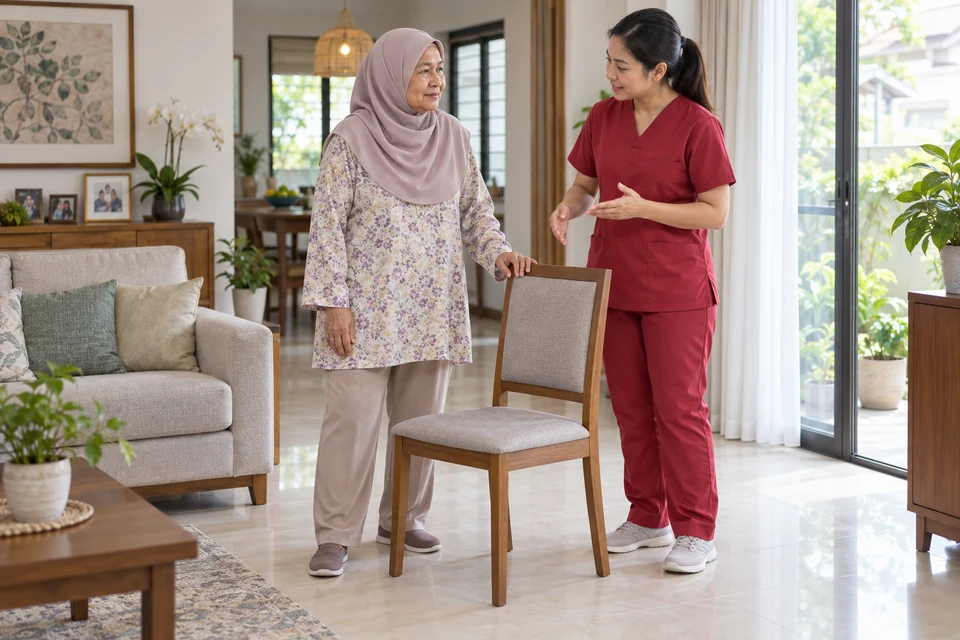 Gambaran janaan AI wanita lebih berusia dan ahli fisioterapi wanita berlatih mobiliti di rumah; bukan pesakit sebenar