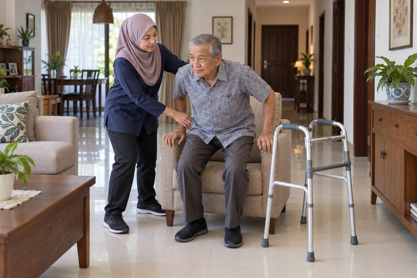 Gambaran janaan AI ahli fisioterapi Malaysia memerhatikan pesakit dewasa melakukan tugas fungsi semasa lawatan rumah; bukan individu atau pertemuan klinikal sebenar