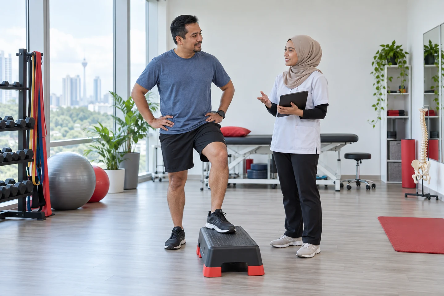 AI-generated depiction of a Malaysian physiotherapist and an adult patient discussing next steps during a step task; not real people or a real clinical encounter