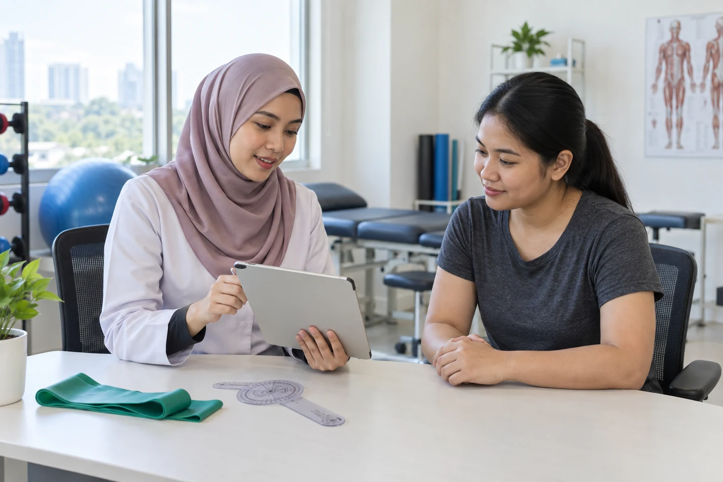 AI-generated depiction of a Malaysian physiotherapist discussing assessment findings with an adult patient; not real people or a real clinical record