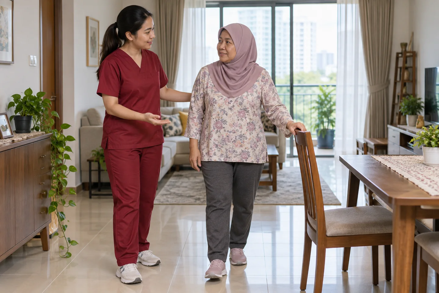Gambaran janaan AI ahli fisioterapi wanita membimbing seorang wanita melalui penilaian fungsi yang selamat di rumah; bukan pesakit sebenar
