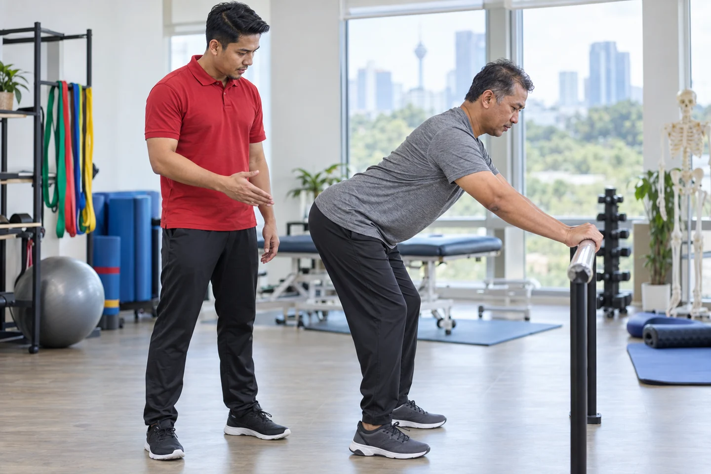AI-generated depiction of a male physiotherapist supervising an adult male patient performing active back rehabilitation; not a real patient