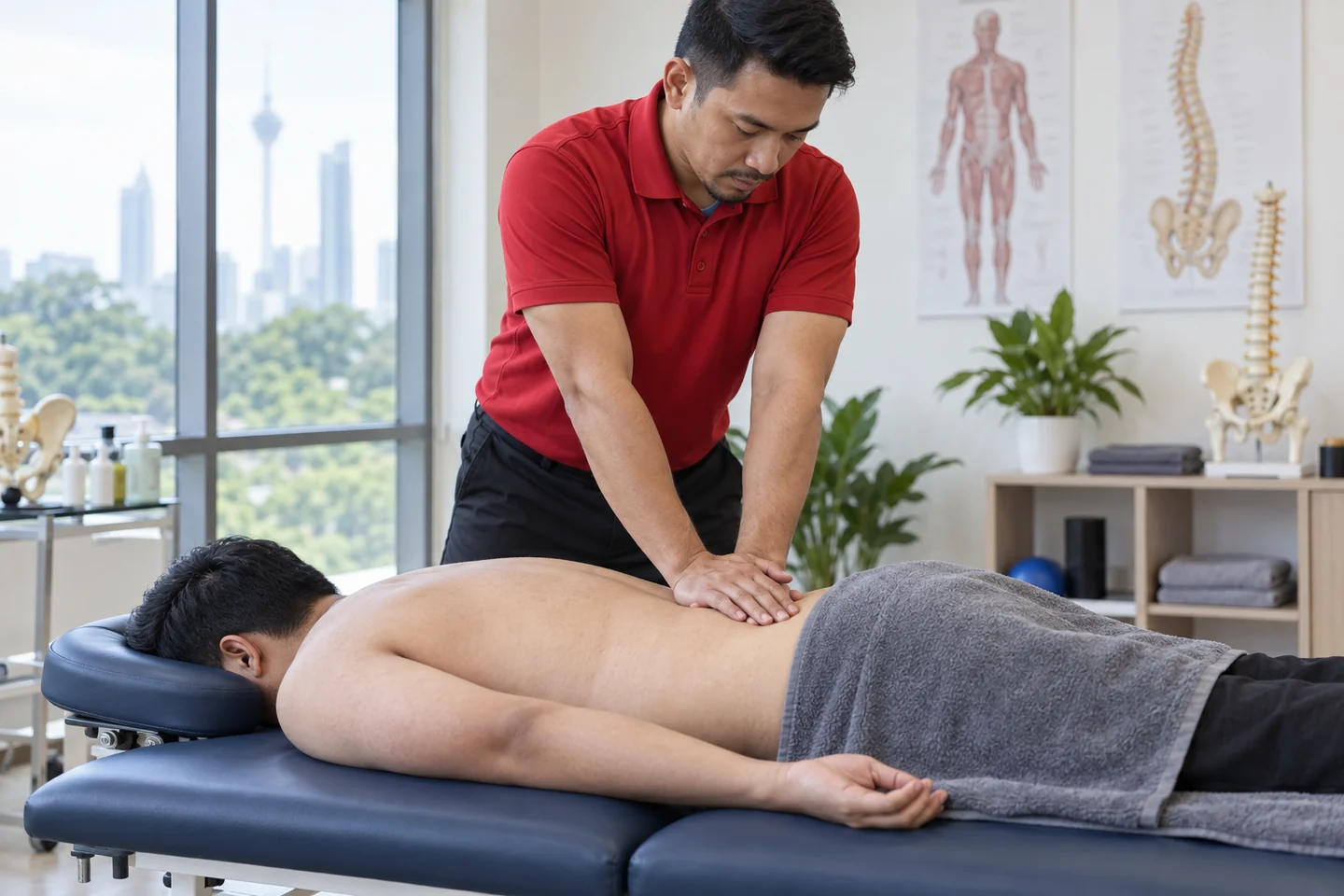 AI-generated depiction of a male physiotherapist performing a lumbar mobilisation technique on a male adult patient; not real people or a real treatment session