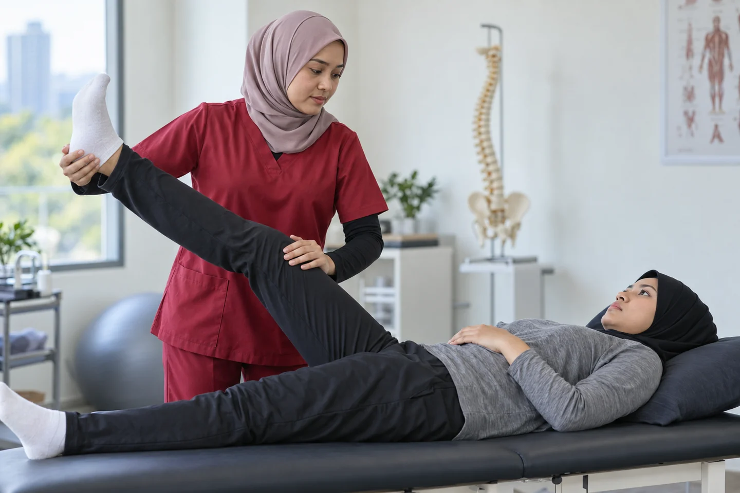 AI-generated depiction of a female physiotherapist performing a straight leg raise test with an adult female patient; not a real patient