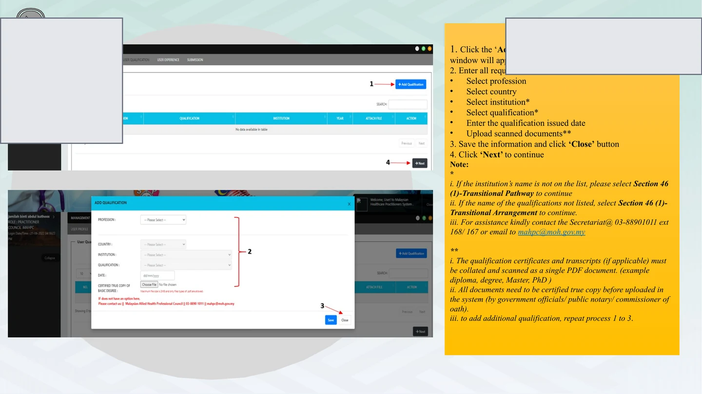 Screenshot sejarah Manual Pendaftaran MHPS 2022 menunjukkan borang tambah kelayakan dan muat naik dokumen