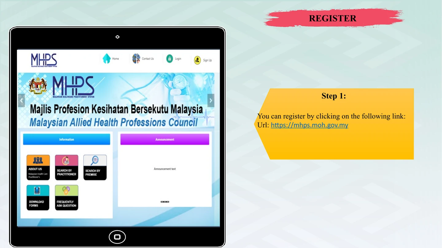 Paparan sejarah Langkah 1 dalam Manual Pendaftaran MHPS 2022 untuk membuka portal