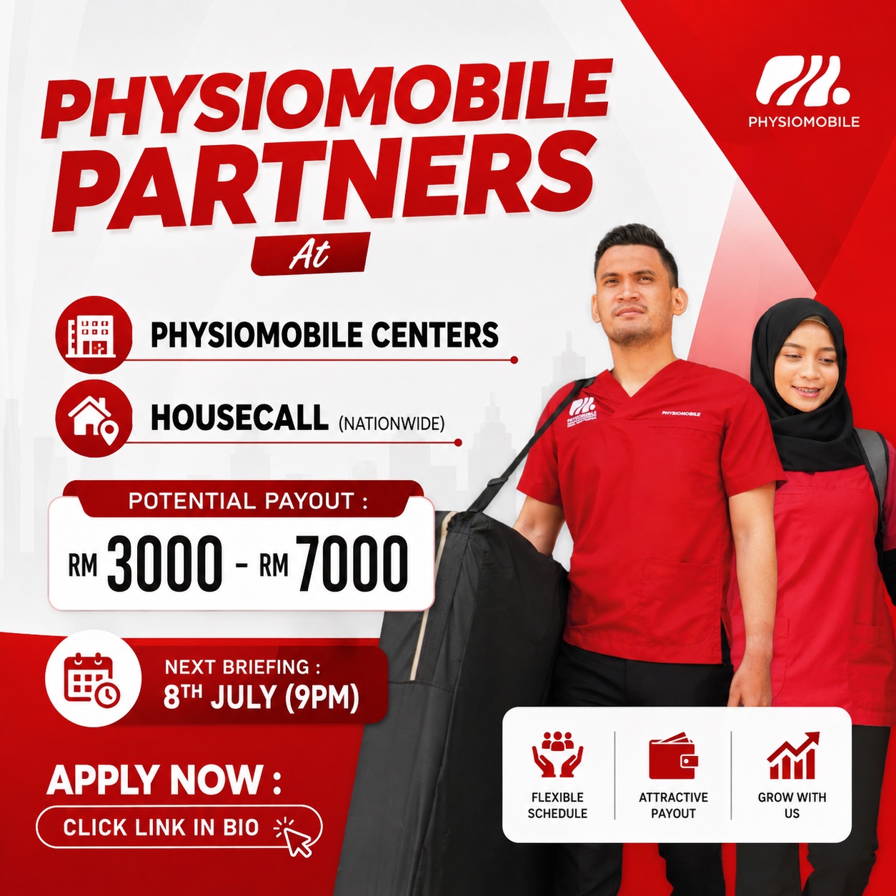 Physiomobile Partners recruitment poster for centre and nationwide housecall opportunities; next briefing slot to be announced once applied